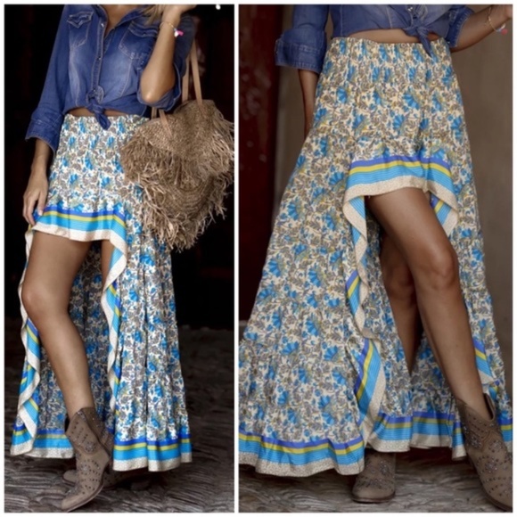 SOLD OUT CLEARANCE Blue Floral Bohemian Hi Lo Maxi Skirt - Picture 2 of 7
